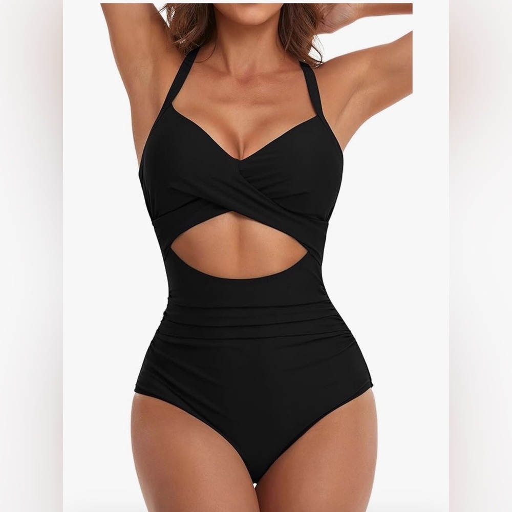 Eomenie Women's Sz L One Piece Swimsuits Tummy Control High Waist Tie Back vacay